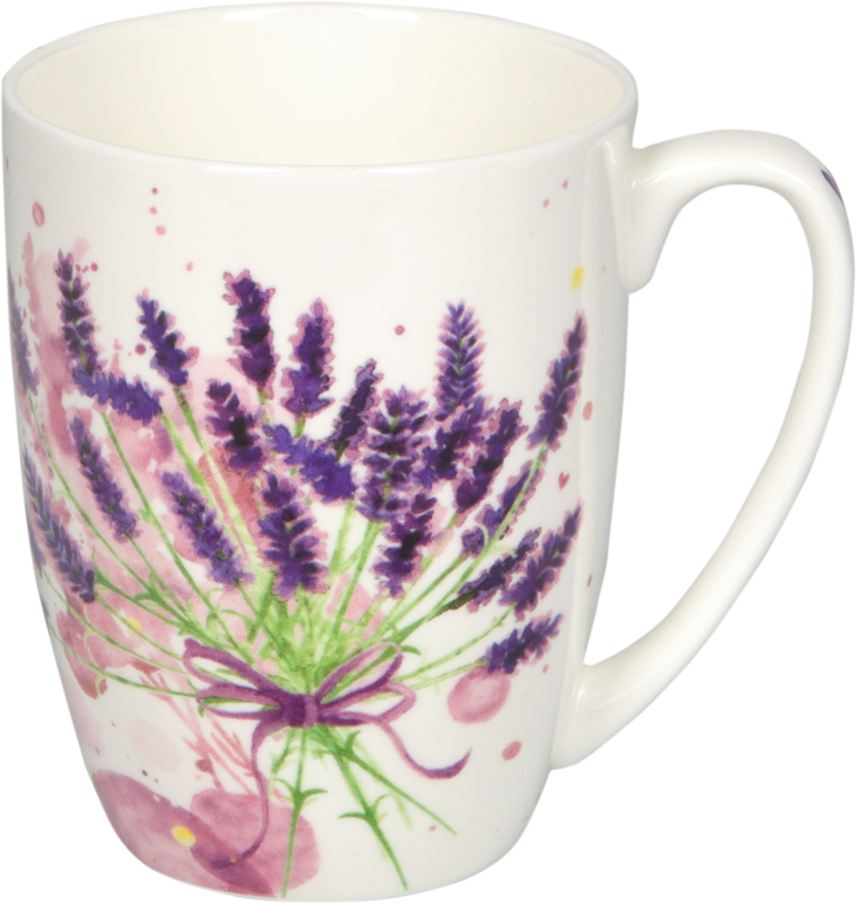 Weiße Keramiktasse mit gemaltem Strauß aus lila Lavendelblumen und lila Schleife auf der Vorderseite.