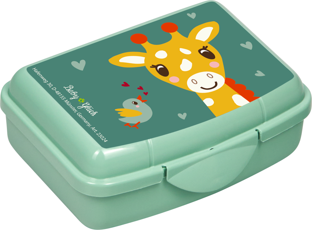 Mintgrüne kleine Box mit Giraffe und Vogel.