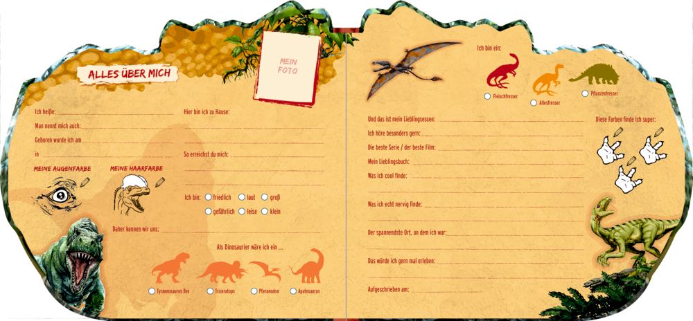 Das bin ich-Seite für Kinder mit Dinosaurier-Motiven, bunten Dinos und Lückentextfragen.