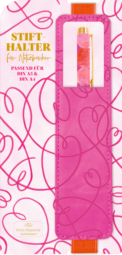 Stiftehalter mit Gummiband - All about pink Rosa Stiftehalter mit gold-pinkem Stift, dekoriert mit pinkfarbenen Herz-Wirbeln auf rosafarbenem Grund.