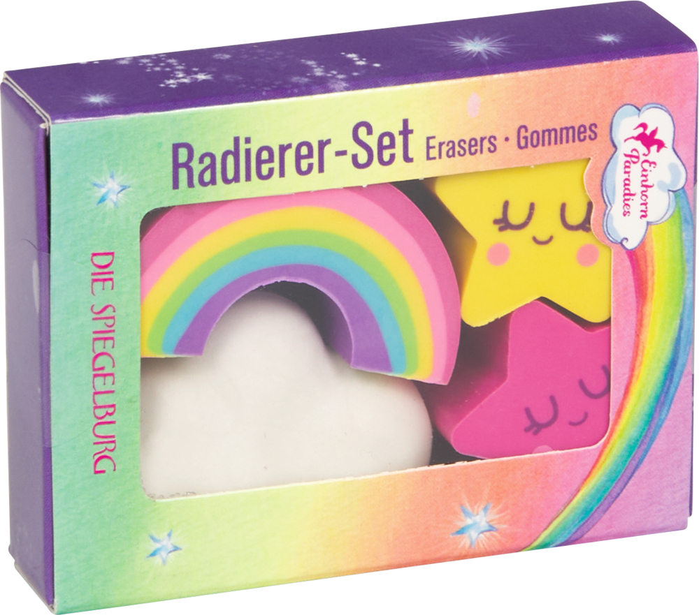 Bunte Box mit Sichtfenster, in dem welchem bunte Radiergummis in Form von Regenbogen, Wolke, Stern und Herz sichtbar sind.