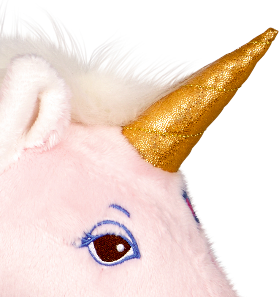Nahaufnahme des Kopfes eines rosa Plüsch-Einhorns mit einem glänzenden goldenen Horn und einer flauschigen weißen Mähne.