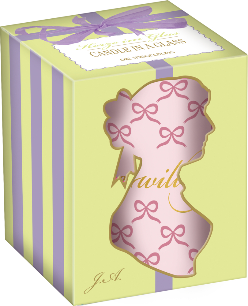 Gelbe und violette Schachtel mit einem Silhouettenfenster, das eine rosa gemusterte Kerze im dekorativen Glas darin zeigt.