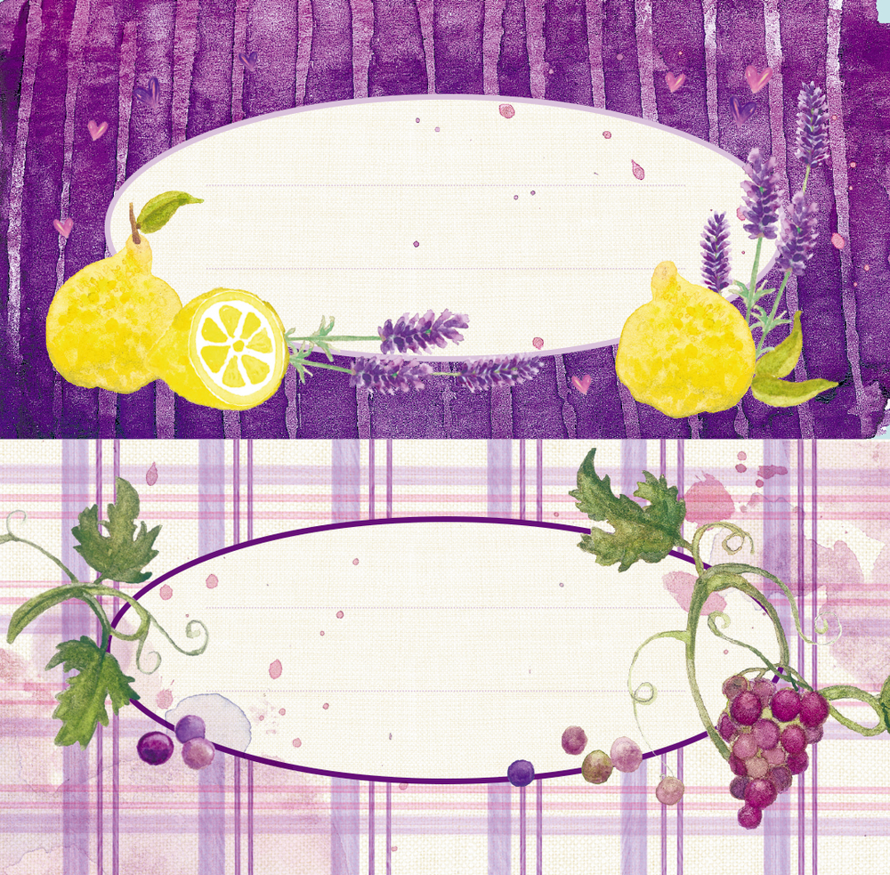 Oben Zitronen und Lavendel mit leerem ovalem Etikett. Unten Trauben und Blätter mit leerem ovalem Etikett. Lila Töne.