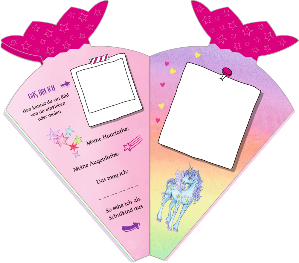 Geöffnetes Notizbuch in Schultütenform mit leeren Fotorahmen und einer Einhorn-Zeichnung auf der rechten Seite.