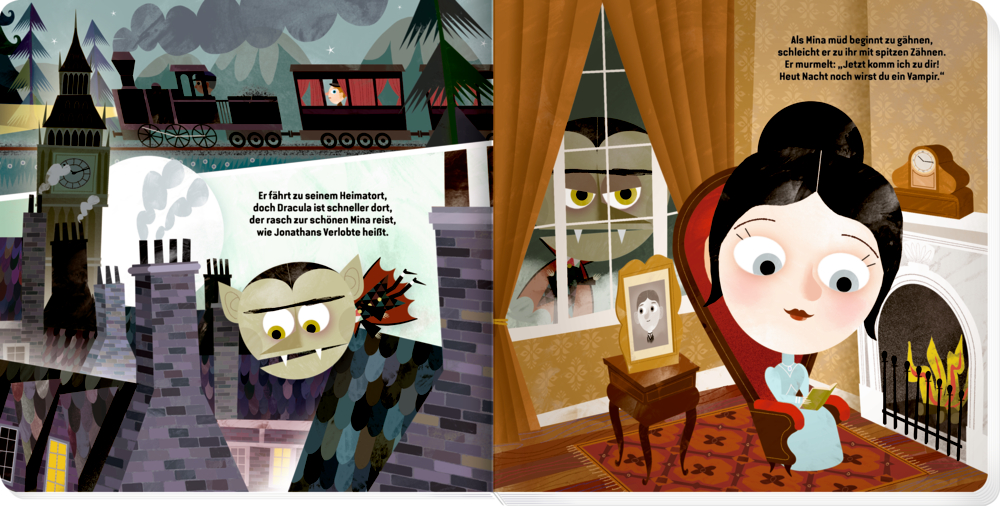 Vampir auf einem Dach neben einem Zug links und rechts liest eine Frau in einem gemütlichen Zimmer mit Kamin und großem Fenster von dem aus sie von dem Vampier beobachtet wird, auf einer Doppelseite mit Text.