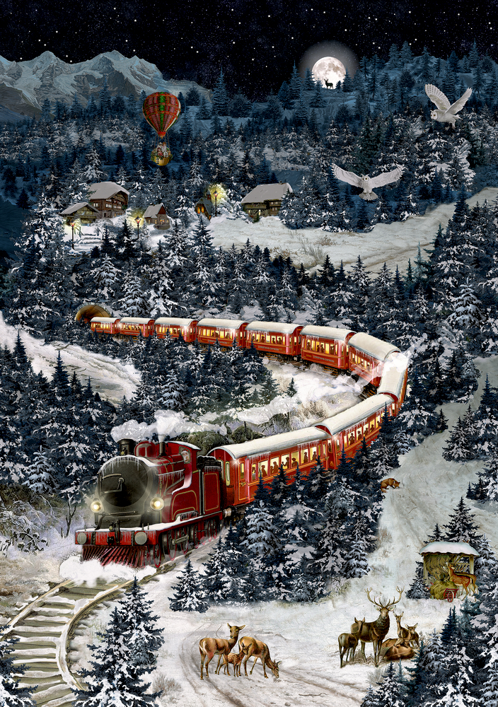 Ein roter Zug fährt nachts durch verschneite Kiefern; Im Hintergrund sind Rehe, Hütten und ein Heißluftballon.