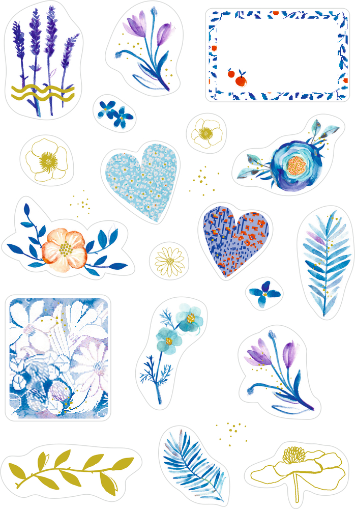 Aufkleber mit Aquarellmotiven: Blumen, Blätter und Herzen in Blau-, Gelb- und Lilatönen auf weißem Hintergrund.