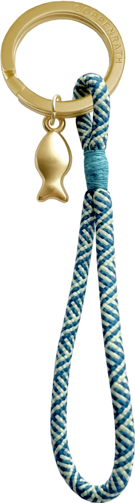 Kurzes Schlüsselband mit Fischanhänger - Schutz und Segen Goldener Schlüsselanhänger mit einem kleinen Fischanhänger und einer daran befestigten blau-weiß gemusterten Kordelschlaufe.