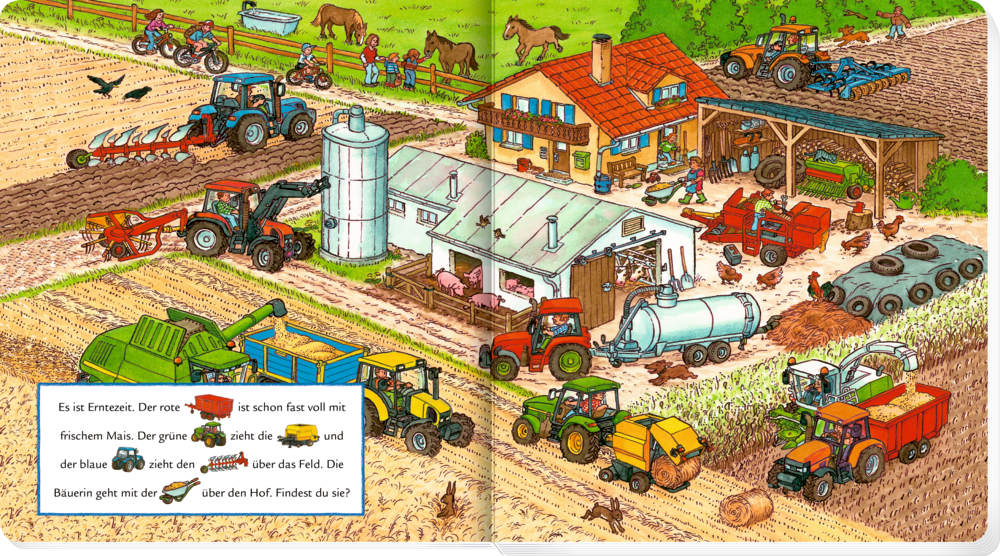 Doppelseite mit einem kleinen Text auf der linken Seite und einer Szene auf dem Bauernhof wie Traktoren, Tiere, Bauern und Maschinen zusammen arbeiten während der Erntezeit.
