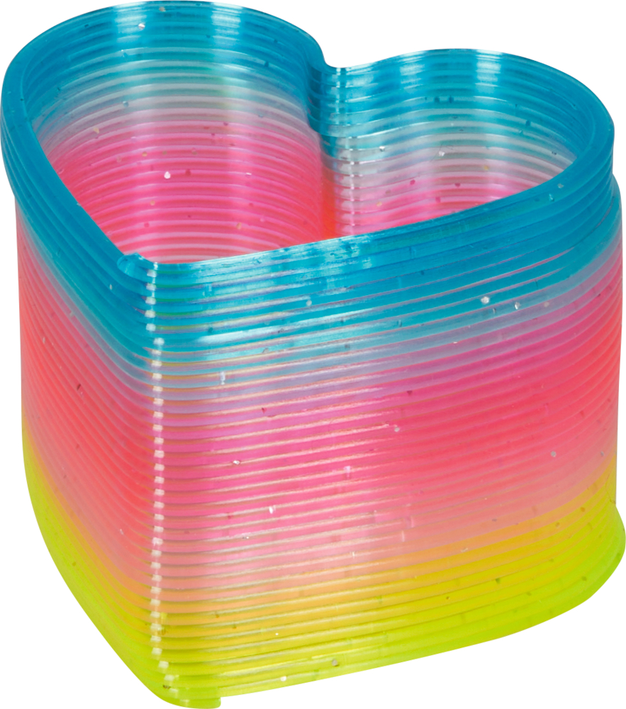 Herz-Spirale aus Kunststoff mit einem Farbverlauf in Blau, Rosa und Gelb.
