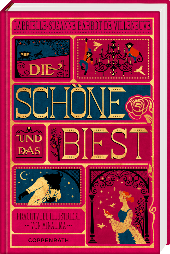 Die Schöne und das Biest Buchcover von „Die Schöne und das Biest“ mit kunstvollen Illustrationen in Gold, Rot und Blau und dekorativem Schriftzug.