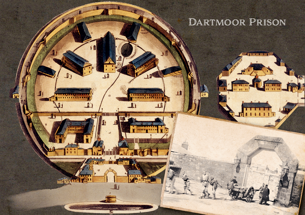 Illustrierte Karte, als Beilage, des Dartmoor-Gefängnisses mit eingefügtem Foto, das Gefangene und Wärter an einem großen Steintor zeigt.