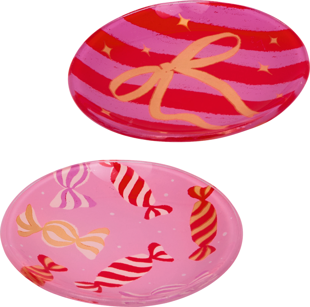 Zwei runde Teller aus Glas, einer mit Schleifenmuster in Rot und Rosa gestreift, der andere mit Bonbonmotiven in Rosa und Rot.
