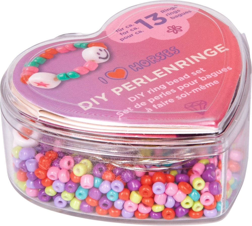 DIY Perlenringe - I LOVE HORSES Herzförmige, durchsichtige Dose mit bunten Perlen und Anleitung zum Basteln von Perlenringen