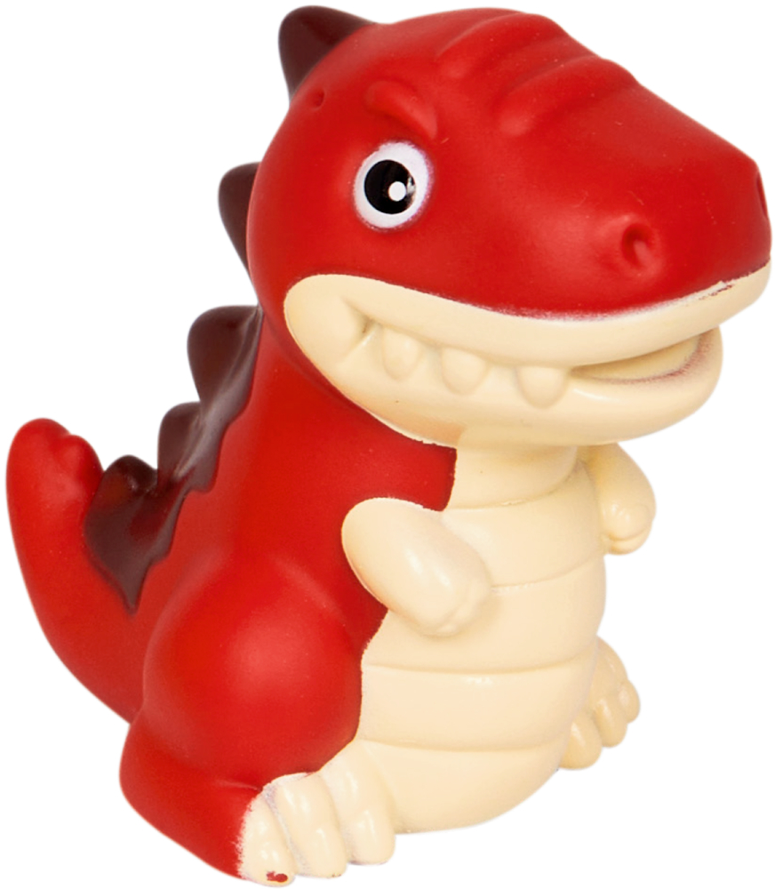 "Rot-cremefarbenes Dinosaurierspielzeug mit großen Augen und einem freundlichen Lächeln, nach rechts gerichtet."
