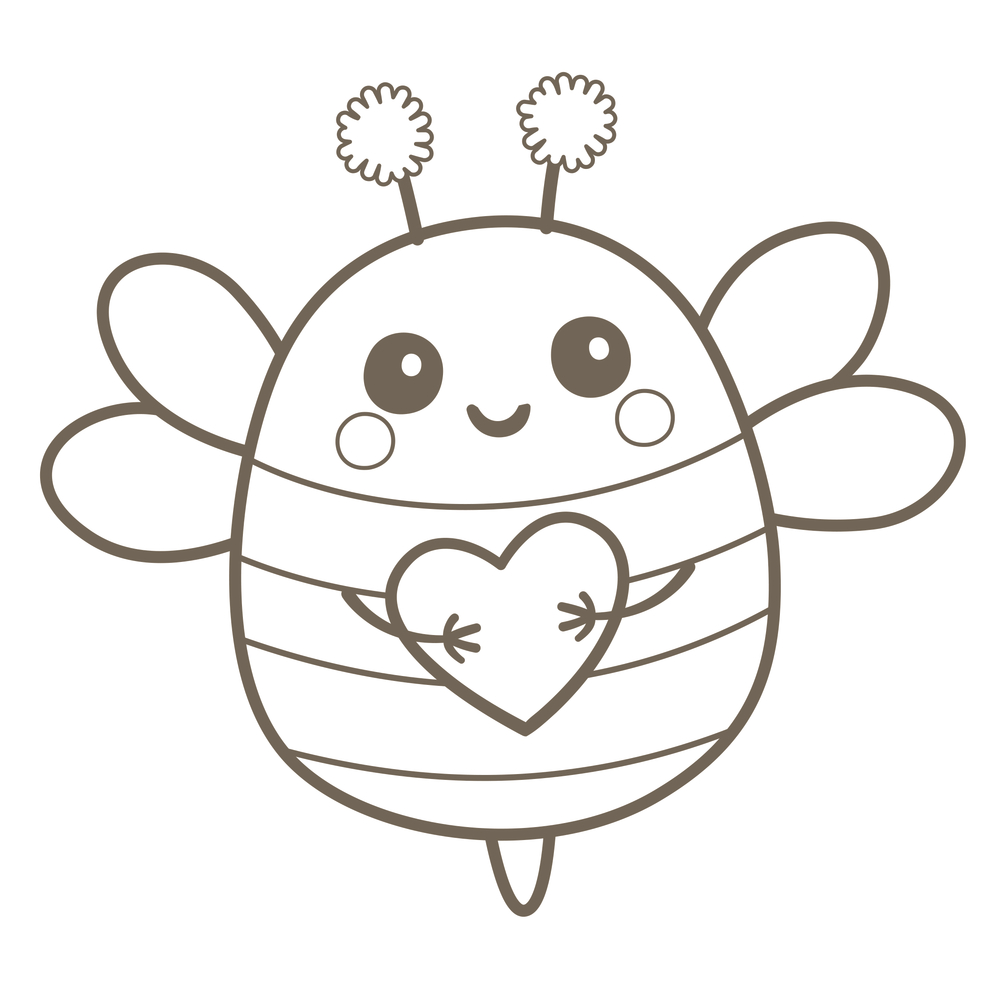 Kleine gezeichnete Biene hält ein Herz, lächelt, hat runde Wangen, einfache umrandete Flügel und Fühler.