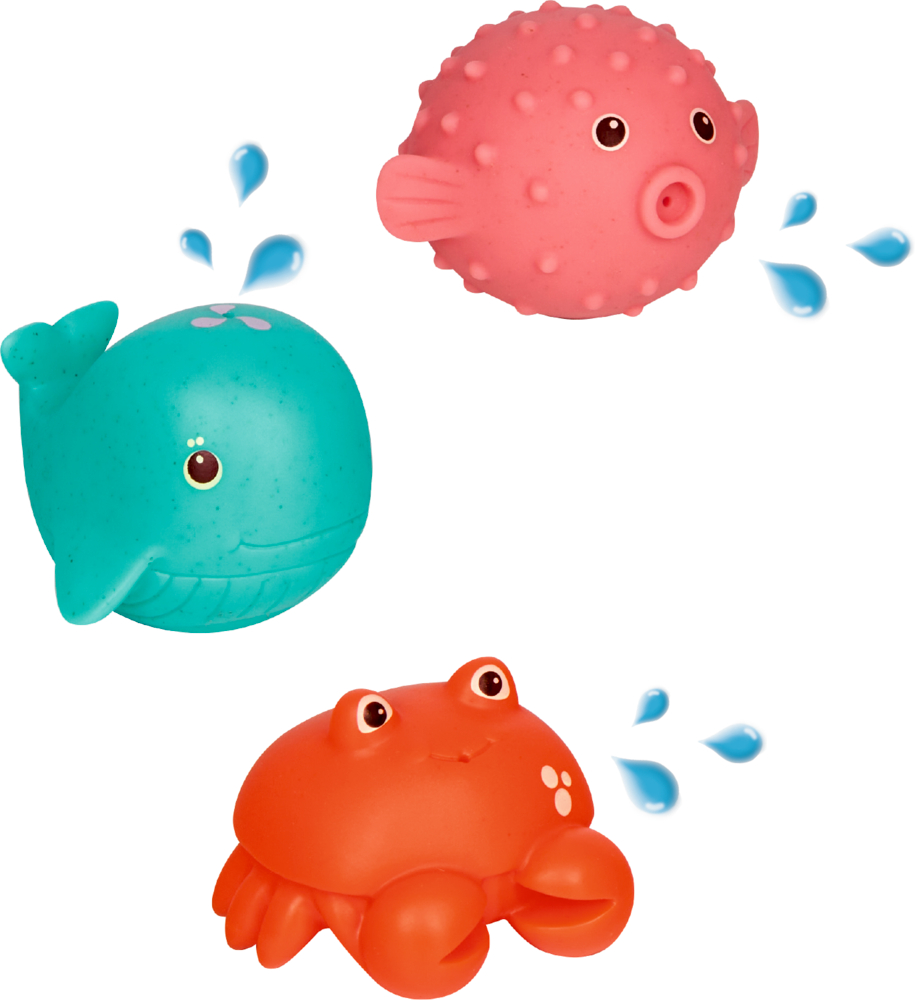Drei bunte Wasserspielzeuge: ein türkisfarbener Wal, ein rosa Kugelfisch und eine orange Krabbe mit blauen Wassertropfen.