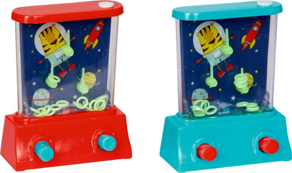 Wasserspiel (Bunte Geschenke) Zwei farbenfrohe tragbare Wasserringwurfspiele mit Weltraumhintergrund und einem Tiger-Astronauten.
