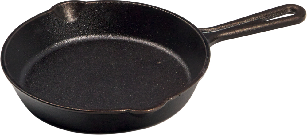 Eine schwarze Gusseisenpfanne mit Griff.