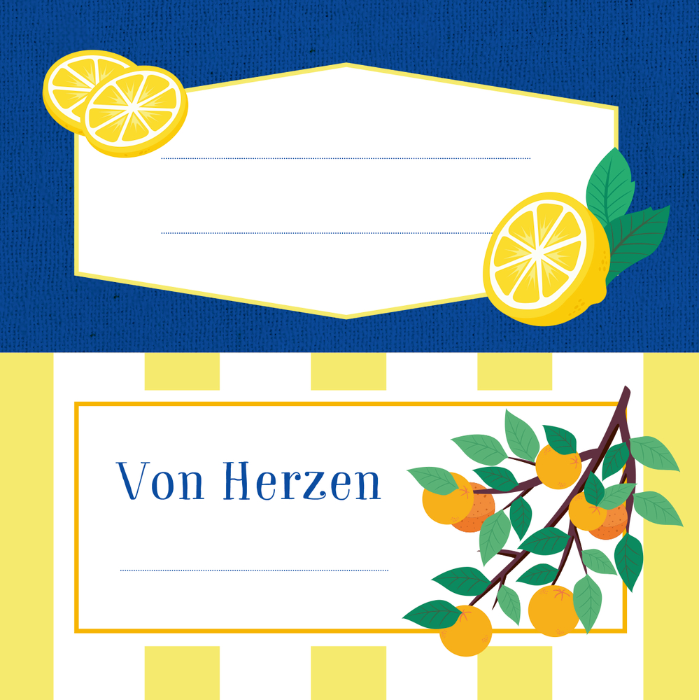 Zwei Etiketten zum Beschriften. Oben: Zitronen auf blauem Hintergrund, unten: Orangenzweig, Schriftzug „Von Herzen“ auf gelb-weiß gestreiftem Hintergrund.