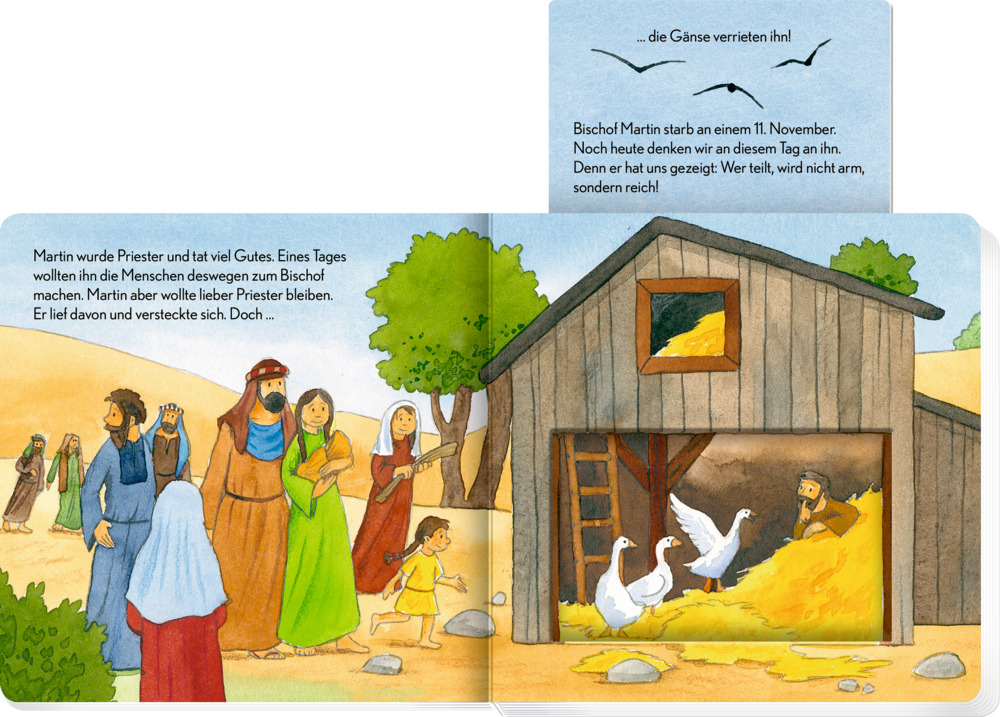 Doppelseite Dorfbewohner und Gänse versammeln sich bei einer Scheune, während sich ein Mann im Heu darin versteckt Schieber hoch geschoben.