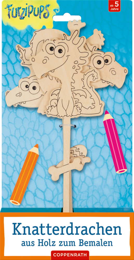Holzfiguren zum Bemalen (Furzipups) Drachenfiguren aus Holz mit Cartoon-Motiven, inklusive Buntstiften zum Ausmalen.