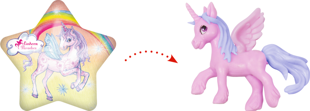 Ein Einhorn auf einem Stern verwandelt sich in ein rosa geflügeltes Einhornspielzeug aus Plastik.