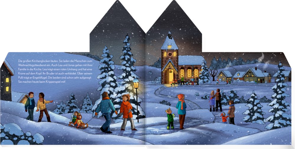 Menschen gehen, reden und rodeln nachts in einem verschneiten Dorf mit beleuchteten Häusern und Kirche, auf einer Doppelseite mit Text.