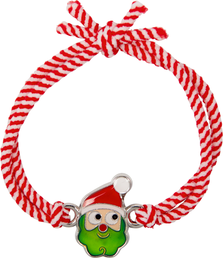 Rot-weiß gestreiftes Armband mit einem lächelnden Weihnachtsmann-Anhänger mit grünem Bart.
