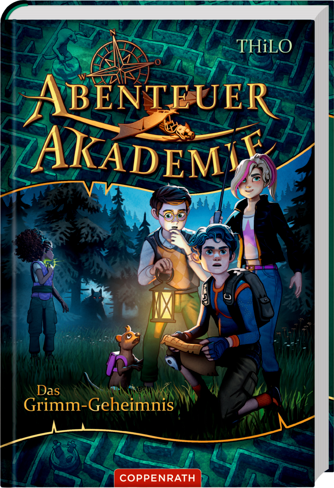 Vier Kinder laufen mit einer Laterne durch einen dunklen Wald. Der Buchtitel Abenteuer Akademie steht oben auf dem Cover.