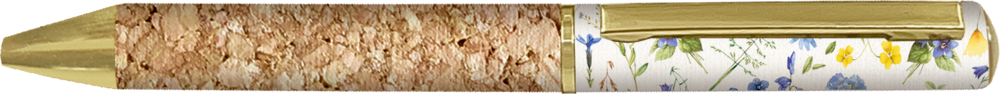 Stift aus Gold und Kork mit blau-weißem Blumenmuster im Schaft und goldenem Clip.