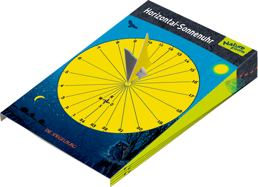 Papier-Horizontalsonnenuhr mit gelber Fläche und Himmelsrichtungen.