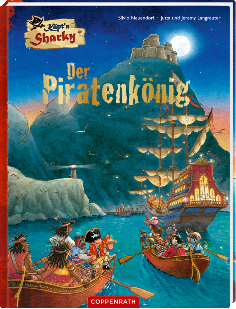 Käpt'n Sharky - Der Piratenkönig Piratenmannschaften in Ruderbooten nähern sich bei Vollmond einem großen Piratenschiff in der Nähe einer felsigen Insel.