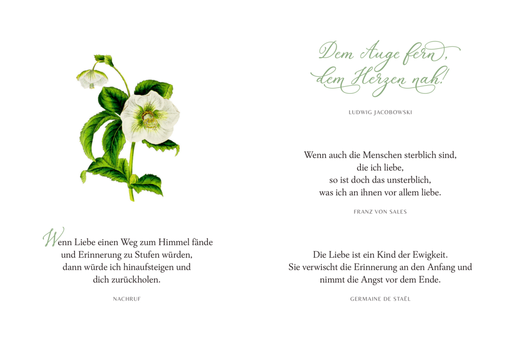 Links weiße Blumen mit grünen Blättern, rechts  Liebes- und Erinnerungsgedichte, auf einer Innenansicht.