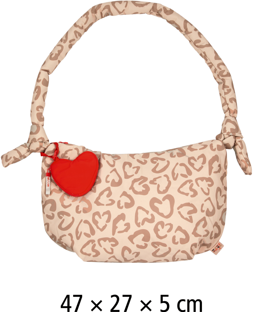Beige Schultertasche mit braunem Herzmuster, Knotenriemen und rotem herzförmigem Anhänger.
