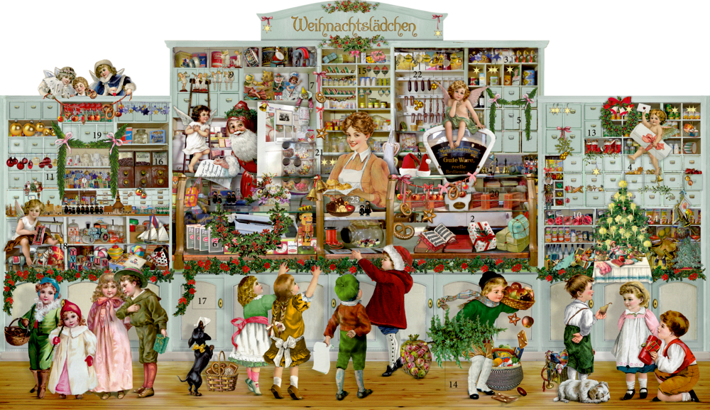 Illustration eines weihnachtlich geschmückten Ladens mit Spielwaren, Süßigkeiten, Engeln, Kindern und dekoriertem Weihnachtsbaum.
