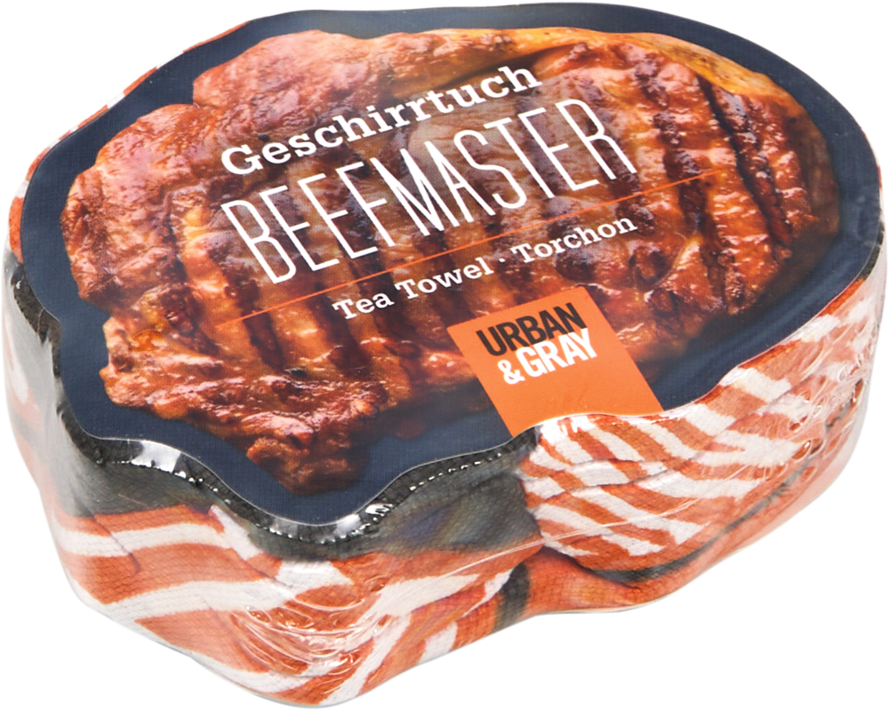 Ein Geschirrtuch sieht wie ein Steak aus. Auf der Verpackung stehen Beefmaster und Urban & Gray.