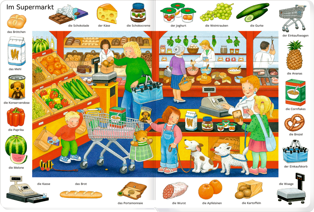 Illustrationen eines Käufer, Kassierers und von Kinder mit Einkaufswagen und Körben in einem geschäftigen Supermarkt voller Lebensmittel.