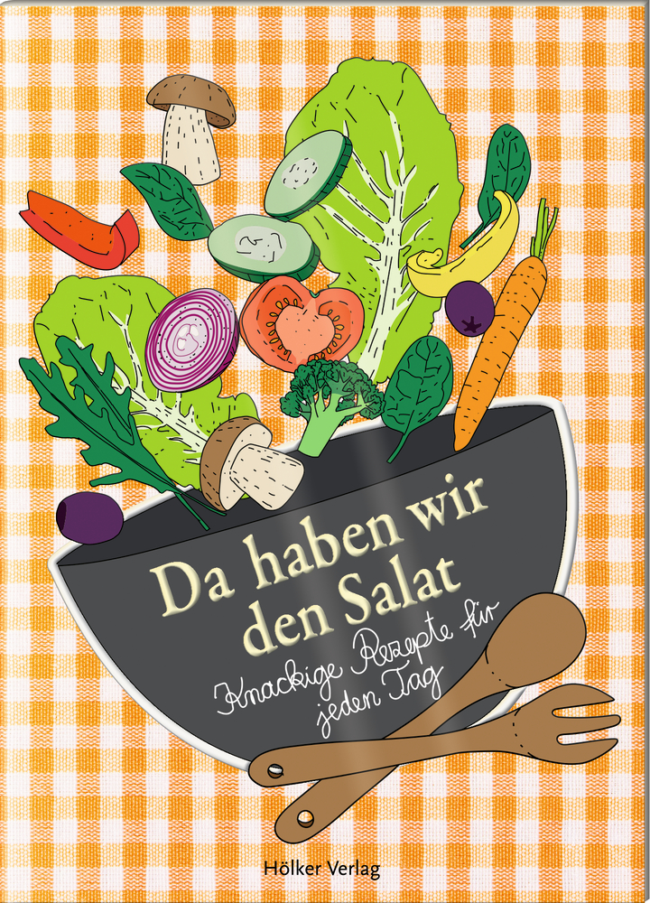 Gezeichnete Salatzutaten über einer schwarzen Schüssel mit Salatbesteck auf orangem Karo-Hintergrund mit Text.