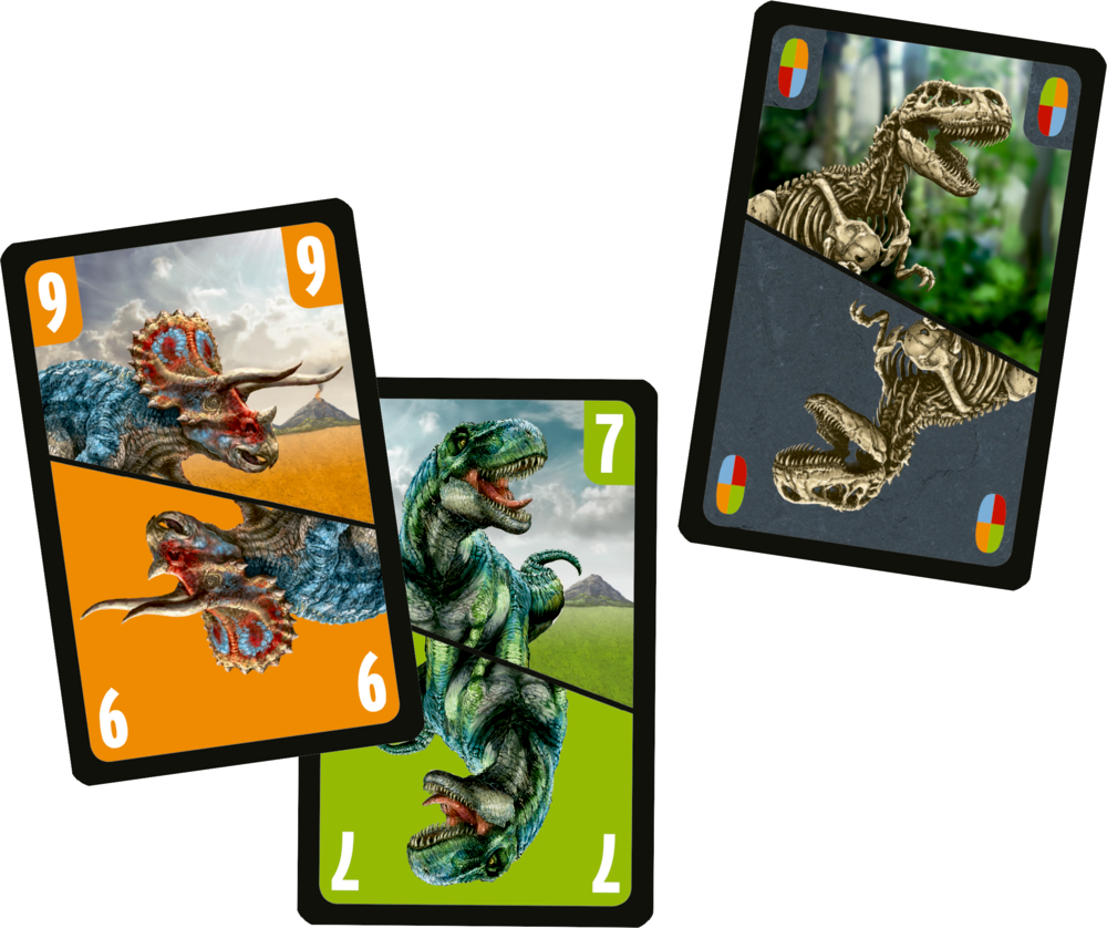 Drei Dinosaurier-Spielkarten mit den Nummern 6, 7 und 9 zeigen farbenfrohe Illustrationen und passende Skelettbilder.