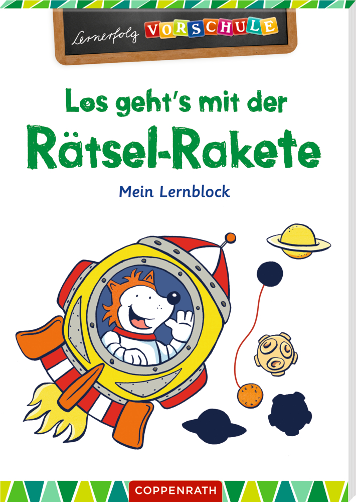 Lernerfolg Vorschule: Los geht's mit der Rätsel-Rakete Hund in Rakete fliegt an Planeten vorbei; Titel eines Beschäftigungsbuches für Vorschulkinder.