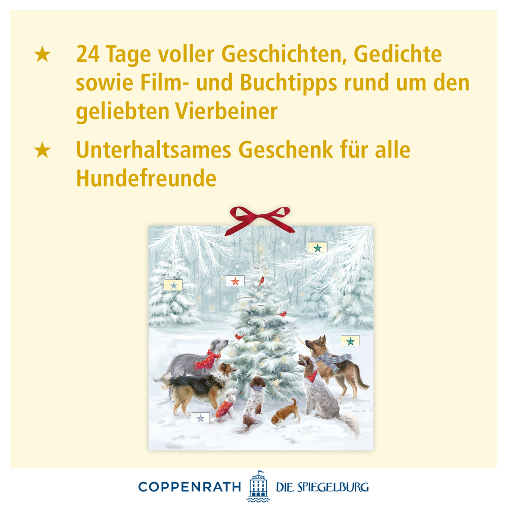 Quadratischer Adventskalender mit winterlicher Szene und mehreren Hunden um einen geschmückten Tannenbaum im Schnee.