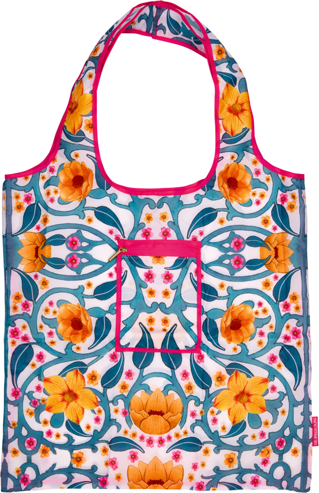 Henkeltasche mit buntem Blumenmuster, orange-gelben Blumen und pinkem Rand.