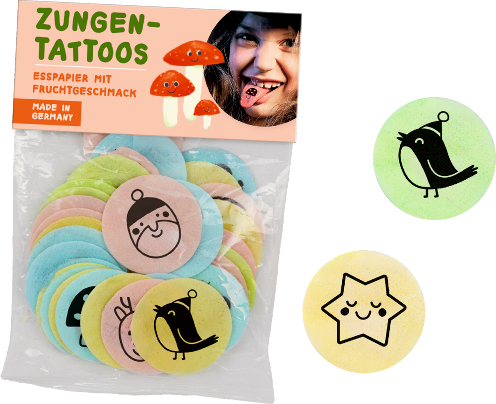 Beutel mit bunten runden Zungentattoos bedruckt mit schwarzen, weihnachtlichen Motiven.