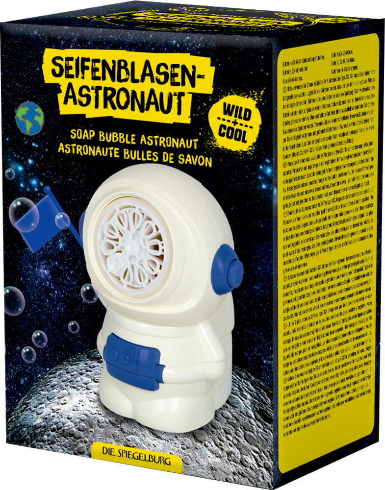 Spielzeug-Astronaut Seifenblasenmaschine auf einem Weltraumkarton.