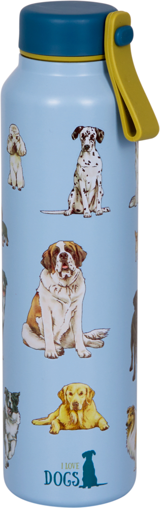 Hellblaue Isolierflasche mit Abbildungen verschiedener Hunderassen und dem Text „I LOVE DOGS“.