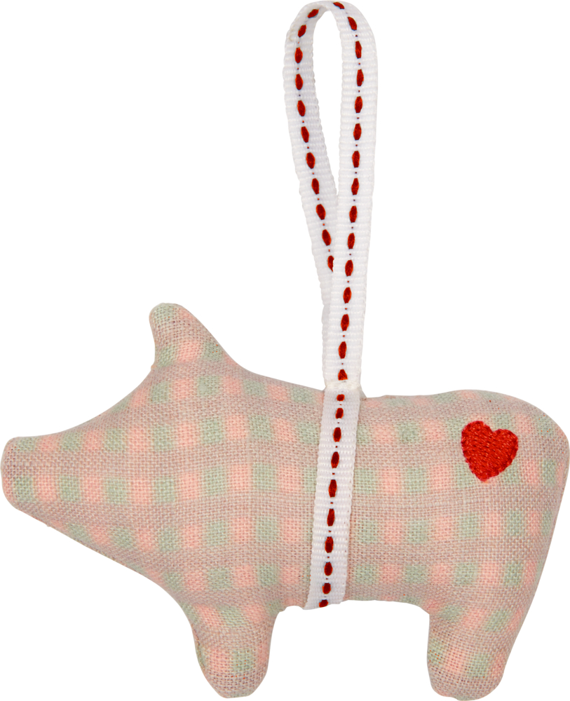 Stoffschwein-Anhänger mit rosa Karomuster und kleiner Herzapplikation.