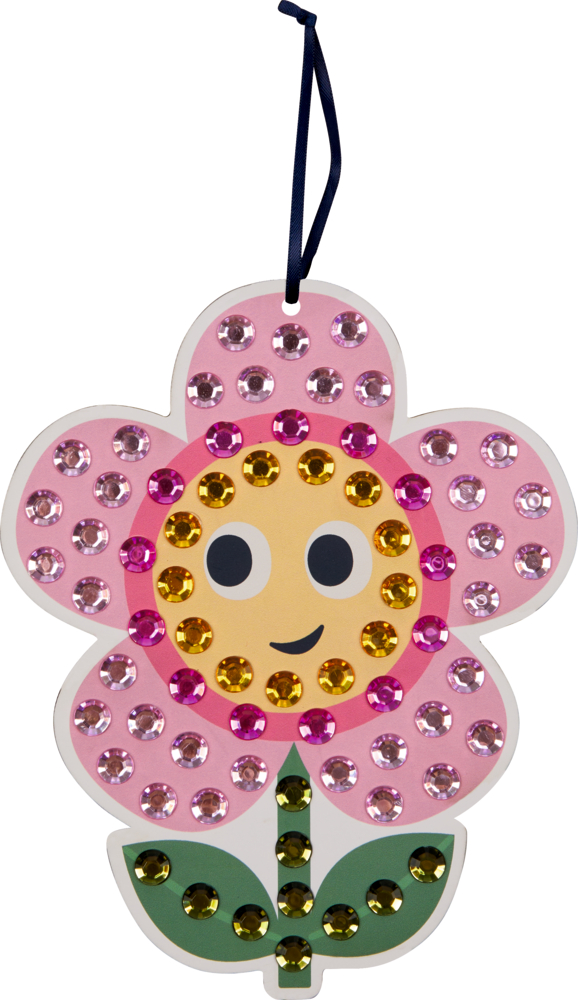 Blumen-Dekoration mit lächelndem Gesicht, bunten Glitzersteinen und schwarzer Band-Schlaufe zum Aufhängen.