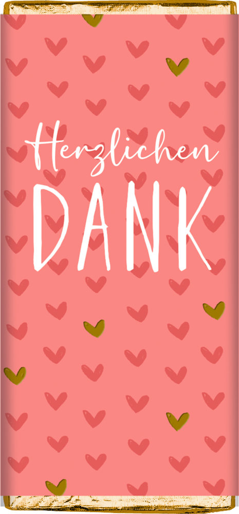 Rosa Schokoladenverpackung mit Herzmotiven und „Herzlichen Dank“ in kräftiger weißer Schreibschrift.